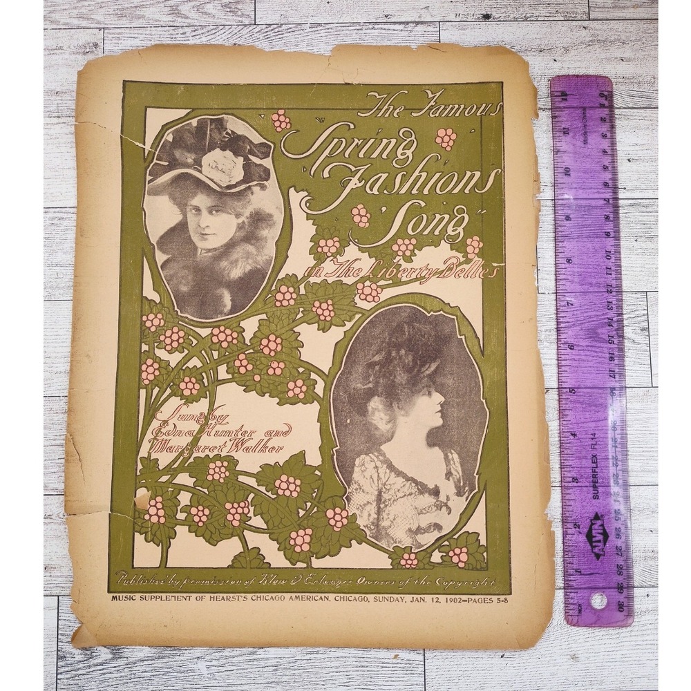 1902 Spring Fashions Liberty Belles Floral Hat Cover Decor Antique Sheet‎ Music
